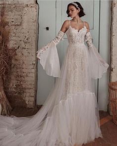 Mermaid Tassel Flared Sleeves Spaghetti Straps Beach Wedding Dress Boho Wedding Dresses BlissGown Lace And Tulle Wedding Dress, Kimono Lingerie, Calla Blanche, Vowel Renewal, Tulle Neckline, Vintage Boho Wedding, White Wedding Dress, Dream Wedding Ideas Dresses, Bohemian Wedding Dress