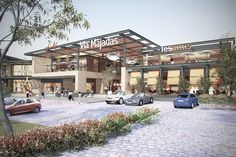 an artist's rendering of the exterior of a shopping center with cars parked in front