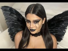 Black Lenses Makeup, Black Makeup Looks Halloween, Dark Angel Make Up Halloween, Black Angel Makeup Ideas, Engel Make Up Halloween, Dark Black Makeup, Halloween Makeup Dark Angel, Angel Makeup Halloween Black, Black Makeup For Halloween