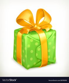 a green gift box with yellow ribbon and polka dots