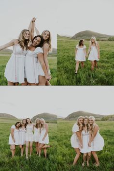 four girls in white dresses are posing for the camera with their arms around each other