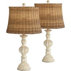 two white wicker lamps with brown shades