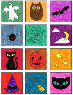 halloween art project for kids with pictures of cats, bats and pumpkins on them