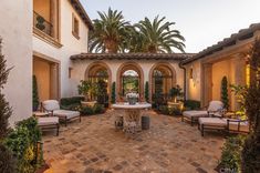 an outdoor courtyard with seating and potted plants on the patio, surrounded by palm trees