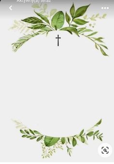 the cross is surrounded by green leaves and branches on a white background with an oval frame