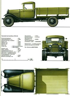 an old green truck is shown in three different views, including the front and back