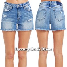 Risen Frayed High Rise Waist Distressed Cut-Off Denim Mid-Length Blue Jean Shorts These Shorts Will Keep You Feeling Fashionable And Comfortable All Day Long, Whether You're Dressing For A Casual Summer Day Out Or Engaging In Leisure Activities. Features A Retro High-Waist Elongates, Slims The Silhouette While Preventing Muffin Top. The Midi Length Provides Ample Leg Coverage, Allowing You To Show Off Your Legs While Still Keeping It Classy. Trendy Cut-Off Raw Frayed Bottom Hem Along With The Ac Relaxed Fit Blue Jean Shorts With Frayed Hem, Blue Relaxed Fit Jean Shorts With Frayed Hem, Distressed Denim Bottoms For Day Out, Chic Distressed Blue Bottoms, Chic Blue Distressed Bottoms, Chic Blue Cutoff Jeans, Trendy Business Casual, Swimwear Bottoms, Women Rising