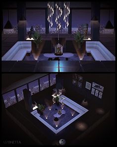 two views of a living room at night