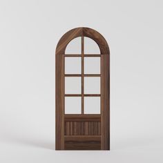 an open wooden door with glass on the top and bottom, in front of a white background