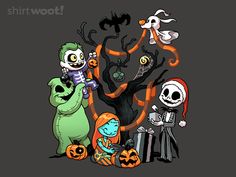 cartoon characters in front of a halloween tree