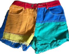 Vibrant Multicolor Cotton Bottoms, Orange Color Block Bottoms For Summer, Summer Orange Color Block Bottoms, Trendy Multicolor Color Block Bottoms, Cotton Color Block Shorts, High Waist Multicolor Color Block Bottoms, Blue Color Block Cotton Shorts, Blue Cotton Color Block Shorts, Color Block Cotton Shorts