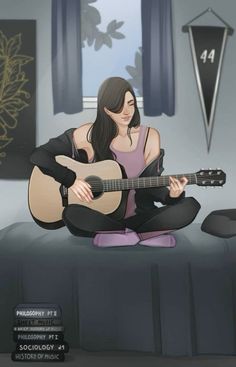 a woman sitting on top of a bed holding a guitar