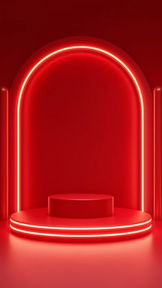 a red room with neon lights and a round podium on the floor in front of it