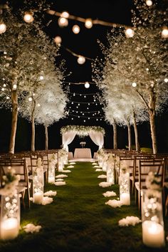 Beautiful night time wedding ceremony with white blossom trees    #weddingceremony #weddingceremonydecor #weddingceremonyideas #blossomtrees #whiteblossomtreeswedding #whitewedding #romanticweddingceremony #romanticweddingtheme #weddingceremonyblossomtrees Wedding Ceremony At Night, Wedding At Night Outdoor, Outside Night Wedding, Outdoor Night Wedding Decorations, Wedding Ceremony Lights, Wedding Venue Night, Night Time Wedding Ceremony, Night Garden Wedding, Wedding Ideas Night