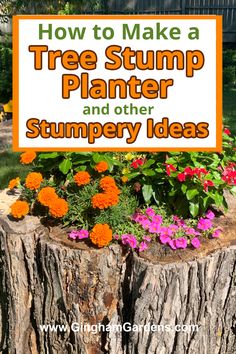 a tree stump with flowers growing out of it and the words how to make a tree stump planter and other sumpery ideas