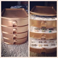 two pictures of jewelry boxes on carpeted floor next to each other with earrings in them