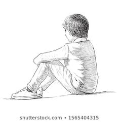 a black and white drawing of a young boy sitting on the ground looking at something