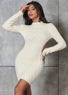 Solid Cable Knit Bodycon Sweater Dress – La Fraise Fashion Elegant Knit Bodycon Dress For Winter, Winter White Long Sleeve Sweater Dress, Winter Beige Bodycon Mini Dress, Winter Bodycon Mini Dress In Beige, Beige Bodycon Mini Dress For Winter, Chic Beige Long Sleeve Sweater Dress, White Long Sleeve Sweater Dress For Winter, White Bodycon Sweater Dress For Winter, Chic Cream Long Sleeve Sweater Dress