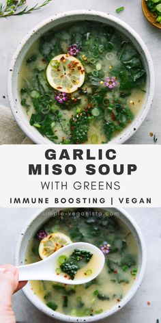 two bowls of garlic miso soup with greens