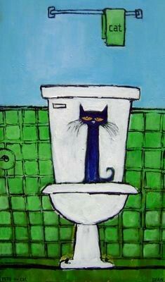 a painting of a cat sitting on top of a toilet in a green tiled bathroom