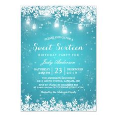 Winter Sweet 16 Sixteen Turquoise Snowflake Lights Invitation Sweet 16 Winter, Winter Bridal Shower Invitations, Mason Jar Lights, Winter Baby Shower Invitations, Snowflake Lights, Winter Bridal Showers, Outside Baby Showers, Baby Its Cold