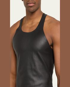 Rick Owens tank top in solid stretch leather    Scoop neckline    Sleeveless    Slim fit    Shirttail hem    Pullover style    Leather/cotton/spandex    Professional cleaning recommended    Made in Italy Fitted Leather Casual Top, Fitted Leather Top Casual Style, Casual Leather Sleeveless Vest, Black Leather Sleeveless Top, Fitted Leather Casual Vest, Casual Fitted Leather Vest, Fitted Leather Sleeveless Vest, Leather Tank Top, Rick Owens Men