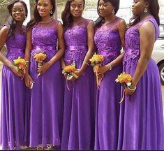 the bridesmaids are all wearing purple dresses