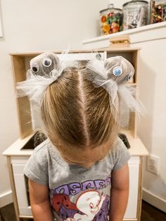 Halloween Hairstyles Ideas, Spooky Halloween Hairstyles, Halloween Girl Hairstyles, Halloween Kids Hair Ideas, Boo Buns Hair Kids, Ghost Pigtails, Halloween Hairstyles Kids, Spooky Hair Day, Toddler Halloween Hairstyles