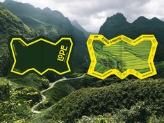 the mountains are covered in green grass and there is a yellow sticker that says hope