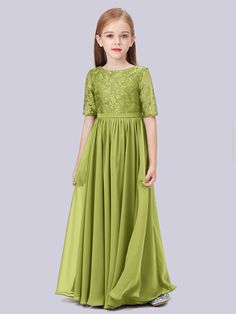 Clover Lime Green Bridesmaid Dresses, Dress Georgette, Sage Bridesmaid Dresses, Sleeves Details, Full Maxi Skirt, Junior Bridesmaid Dress, Dress Order, Lace Neckline, Junior Bridesmaid Dresses