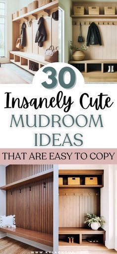 the inside of a mudroom with wooden shelves and coat racks on each side, text overlay reads 30 insanely cute mudroom ideas that are easy to copy