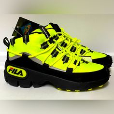 Step Up Your Shoe Game With These Fila Grant Hill 1 X Trailpacer Sneakers. The Neon Green And Black Color Combination Is Perfect For Adding Some Brightness To Your Outfit. The Medium Width And Cushioned Sole Make These Shoes Comfortable For Walking, Crossfit, And Hiking. The Synthetic-And-Rubber Upper Material And Breathable Design Ensure That Your Feet Stay Cool And Dry During Any Activity. These Shoes Also Feature An Adjustable Fit And Glow-In-The-Dark Accents For Added Style. Don't Miss Out O Functional Yellow High-top Sneakers, Yellow High-top Sneakers For Outdoor Activities, Yellow Sneakers With Rubber Sole For Outdoor Activities, Yellow Sneakers With Rubber Sole For Outdoor, Neon Yellow Synthetic Sneakers For Sports, Yellow Low-top Sneakers For Outdoor Activities, Outdoor Yellow Sneakers With Laces, Yellow Outdoor Sneakers With Laces, Sporty Yellow Sneakers For Outdoor Activities