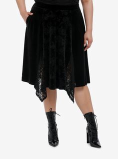 Channel those witchy vibes in this black velvet midi skirt! Featuring ram  scorpion and celestial designs debossed allover  plus godet lace panels. Comes with an elasticated waistband and side seam pockets.93% polyester; 7% spandexWash cold; dry lowStretchy materialLength: 36''ImportedModel is 5'10''Model wears size 1 Cosmic Aura, Pleated Skirt Plus Size, Chain Skirt, Light Blue Plaid, Velvet Midi Skirt, Plaid Pleated Skirt, Latest Skirts, Black Pleated Skirt, Suspender Skirt