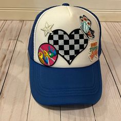 Trending Trucker Hat With Patches Nwot Blue & White Adjustable Snap Back Closure One Of A Kind Trendy Trucker Hats, Hat With Patches, Hat Bar, Hat Ideas, Snap Back, Snap Backs, Trucker Hats, Embroidered Patches, Trucker Hat