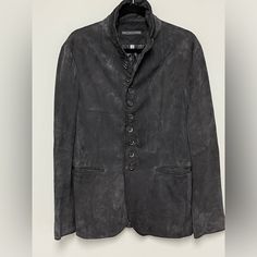 John Varvatos Collection Goat Suede Woodward Multibutton Jacket. Msrp $2198 Size Eu 48 Usa 38 Color Grey. Nice Dark Grey Color. Just Perfect Condition. Brand New With Out Tags Attached. This Multi-Button Jacket Captures A Signature Silhouette With A Modern, Yet Timeless Attitude. Cut From A Lightweight Goat Suede It’s Extremely Soft With An Easy Movement. 100% Goat Suede Fully Lined Multi-Button Front Closure Inlaid Wire At Collar One Chest Pocket / Two Hip Pockets Button Cuffs Center Back Vent Designer Double-breasted Blazer With Buttons, Designer Tailored Blazer With Button Closure, Designer Blazer With Button Closure And Three Cuff Buttons, Designer Semi-formal Blazer With Button Closure, Designer Leather Outerwear With Button Closure, Designer Single Breasted Notch Lapel Outerwear, Designer Formal Outerwear With Button Cuffs, Designer Sport Coat With Double Button Closure, Designer Tailored Outerwear With Double Button Closure