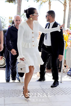 selena gomez outfits, celebrity street style, summer bag, soft feminine outfits Selena Gomez Latest, Selena Gomez Dress, Best Red Carpet Looks, White Peplum, White Dress Summer, Little White Dresses, Red Carpet Looks, Cannes Film Festival, Bun Hairstyles