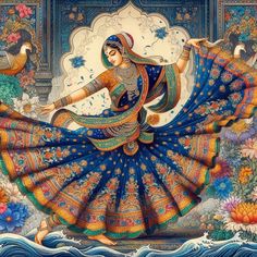 a painting of a woman dancing in an ornate blue and yellow dress with flowers around her