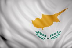 the flag of cyprus waving in the wind with an olive branch on it's side