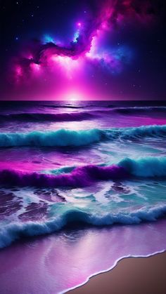 purple and blue waves on the beach at night with stars in the sky above them