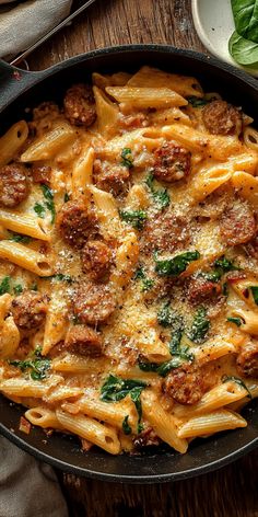 a skillet filled with pasta, meat and spinach on top of a wooden table