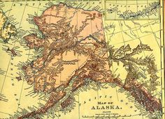 an old map of alaska showing the land and its major rivers, mountains, and lakes