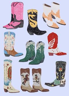 an assortment of different colored cowboy boots on a blue background