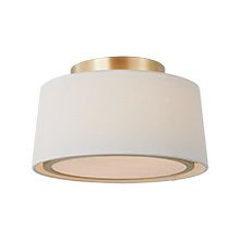 a light fixture with a white shade on the bottom and gold trim around it's edge