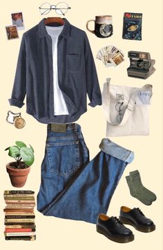 a man's clothing and accessories are arranged in the shape of a collage