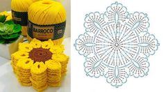 crocheted doily and pot holders with yellow flowers