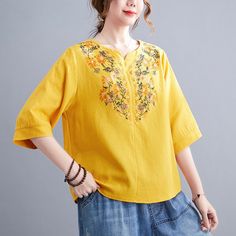 Women's Cotton Linen Blouse Embroidery Floral Pattern Vintage Shirt Crew Neck Mid Sleeve Top Spring Short Sleeve Blouse With Chikankari Embroidery, Casual Blouse With Floral Embroidery And Half Sleeves, Spring Tops With Floral Embroidery And Half Sleeves, Spring Chikankari Embroidered Short Sleeve Blouse, Spring Floral Embroidered Half Sleeve Top, Spring Cotton Shirt With Resham Embroidery, Embroidered Half-sleeve Tops For Spring, Embroidered Half Sleeve Cotton Tops, Embroidered Half Sleeve Top For Summer