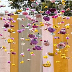 several different colored flowers hanging from strings