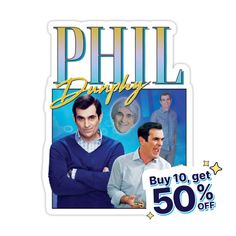 a sticker with an image of two men and the words phil beauty buy 10 get 50 % off