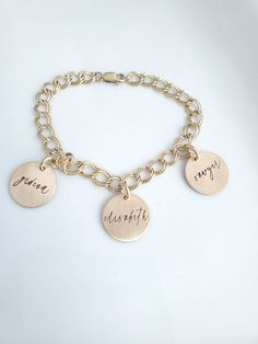 "Charm Bracelet with Names New Limited Quantity 14K gold filled bracelets!! Our charm bracelets can be personalized with up to 3 yellow gold filled 5/8\" tags or you can wear it by itself! This bracelet is 7\" long. 14K gold filled will not tarnish like plated and includes 100x more gold!" Personalized Gold Bracelet, Mothers Day Rings, Mom Ring, Moms Bracelet, Presents For Her, Mom Jewelry, Gold Filled Ring, Engraved Bracelet, Name Bracelet