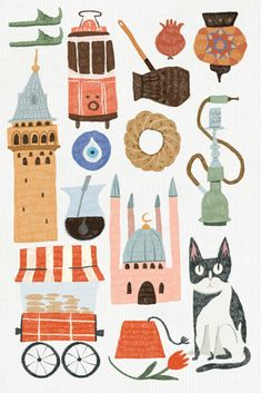 an illustration of various things that are in the shape of a castle and other things